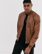 Asos Design Leather Bomber Jacket In Tan - Tan