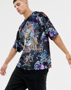 Asos Design Oversized T-shirt With Half Sleeve In Velour With All Over Historical Scene And Floral Print - Navy