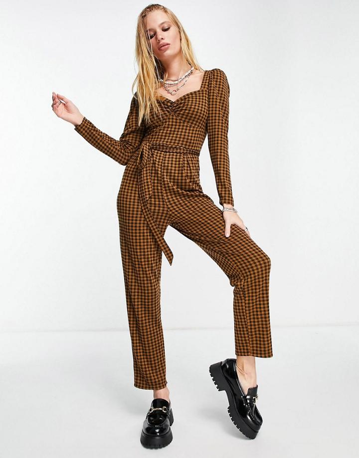 Asos Design Knot Front Puff Sleeve Skinny Leg Jumpsuit In Gingham Check-multi