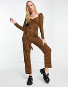 Asos Design Knot Front Puff Sleeve Skinny Leg Jumpsuit In Gingham Check-multi