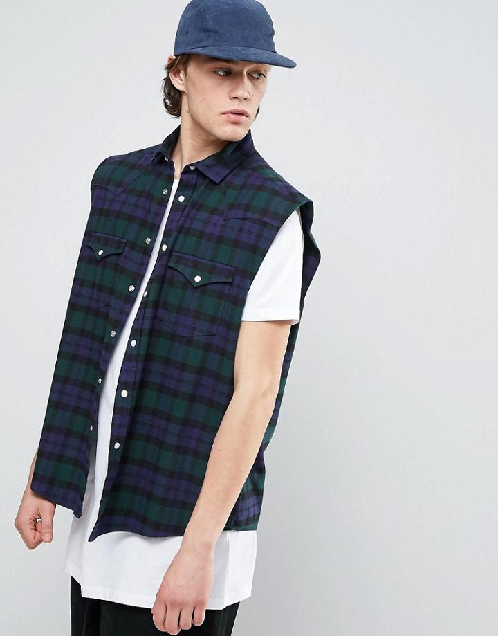 Asos Oversized Sleeveless Western Check Shirt In Navy - Navy