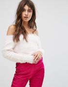 Fashion Union Off Shoulder Sweater In Fluffy Knit - Pink
