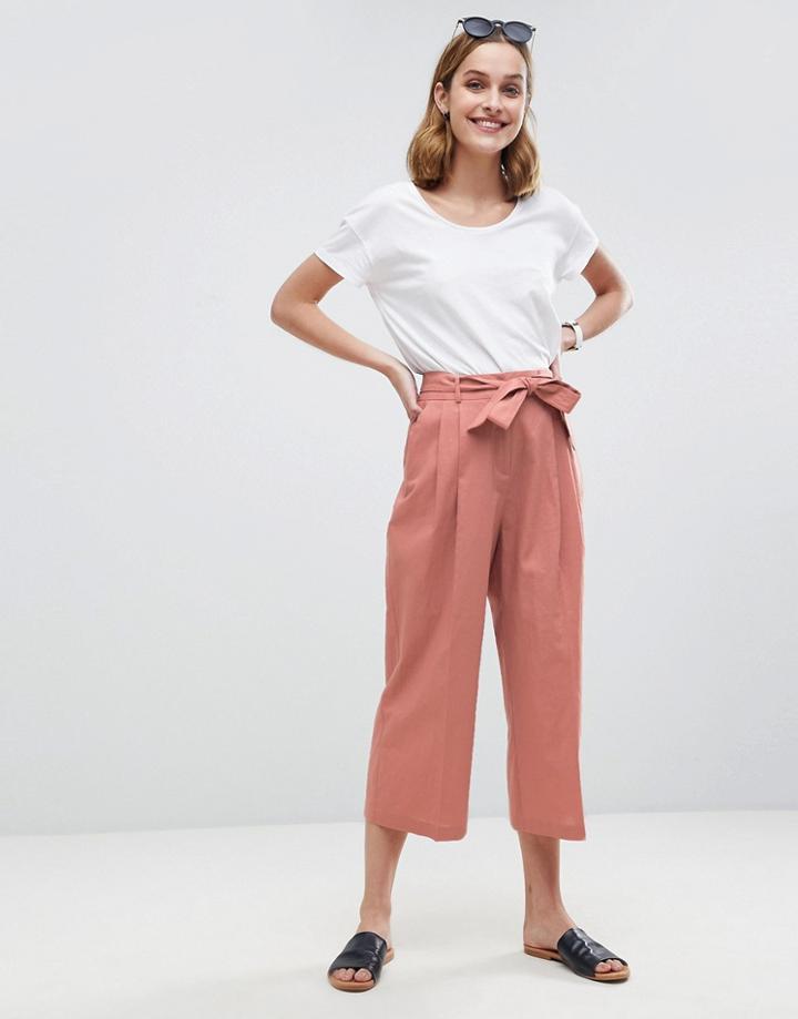 Asos Tailored Linen Culotte With Tie Waist And Turn Up - Pink