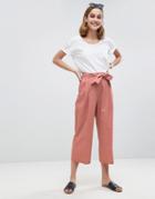 Asos Tailored Linen Culotte With Tie Waist And Turn Up - Pink