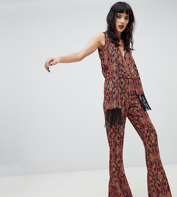 Dusty Daze Flared Jumpsuit With Fringe Scarf - Gold