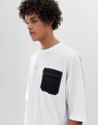 Asos Design Oversized T-shirt With Half Sleeve And Utility Pocket With Contrast Stitching-white