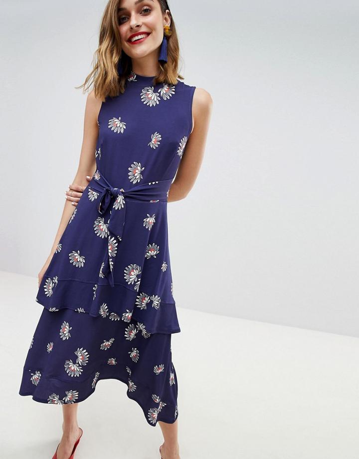 Warehouse Tiered Fan Floral Midi Dress - Navy