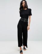 Asos Jersey T-shirt Jumpsuit With Double Belt Detail - Black