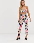 Asos Design Cami Jumpsuit With Knot Front In Floral Print - Multi