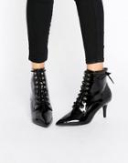 Daisy Street Lace Up Point Mid Heeled Ankle Boots - Black