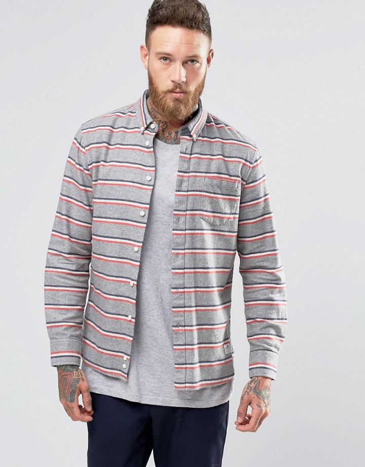 Penfield Hants Horizontal Stripe Shirt Button In Regular Fit Brushed Cotton - Gray