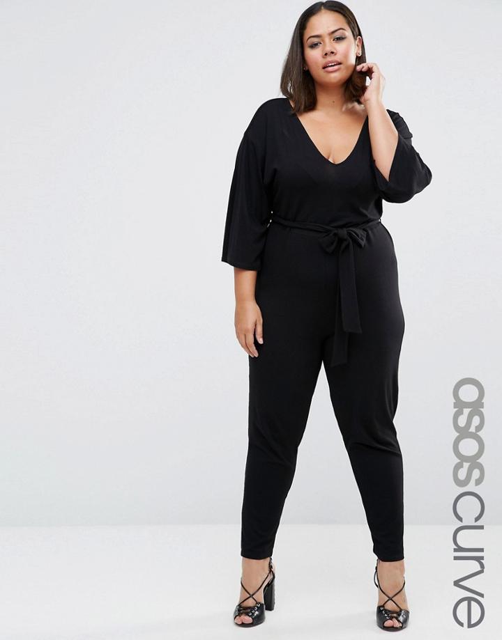 Asos Curve Belted Jumpsuit With Kimono Sleeve - Black