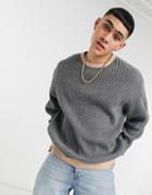 Asos Design Knitted Oversized Rib Sweater In Gray With Contrast Trims-grey