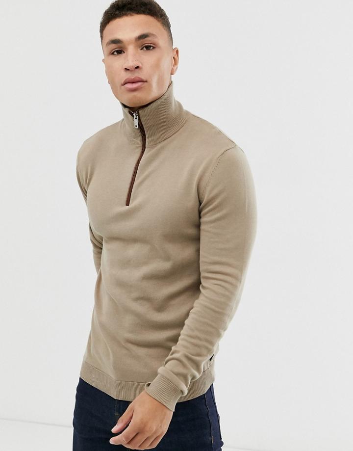 Jack & Jones Premium Contrast Piping Zip Neck Knitted Sweater In Sand