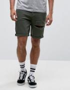 Asos Denim Shorts In Stretch Slim Green With Thigh Rip - Green