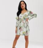 Asos Design Petite Button Through Shirred Mini Dress In Tropical Print-multi
