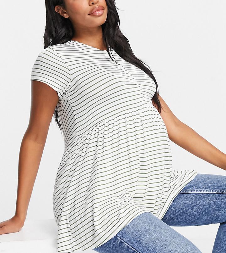 Asos Design Maternity Nursing Peplum Top In Khaki And White Stripe-yellow
