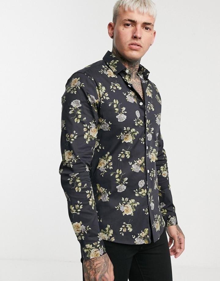 Asos Design Skinny Floral Shirt In Black - Black