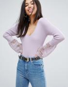 Asos Sweater With V Neck And Lace Bell Sleeve - Purple