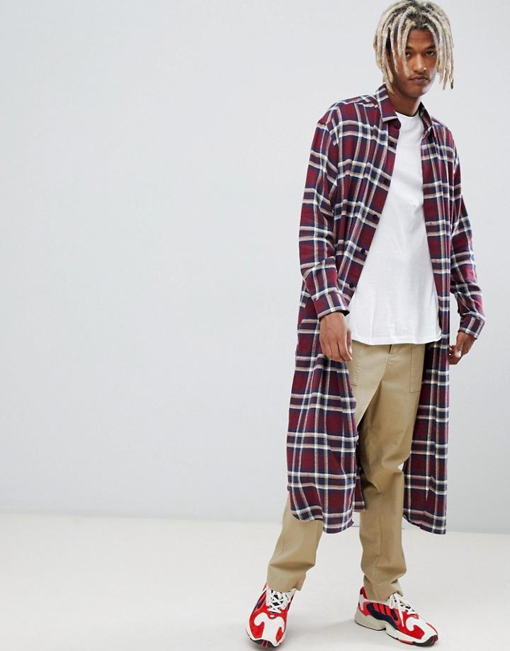 Asos Design Super Longline Check Shirt In Burgundy - Red