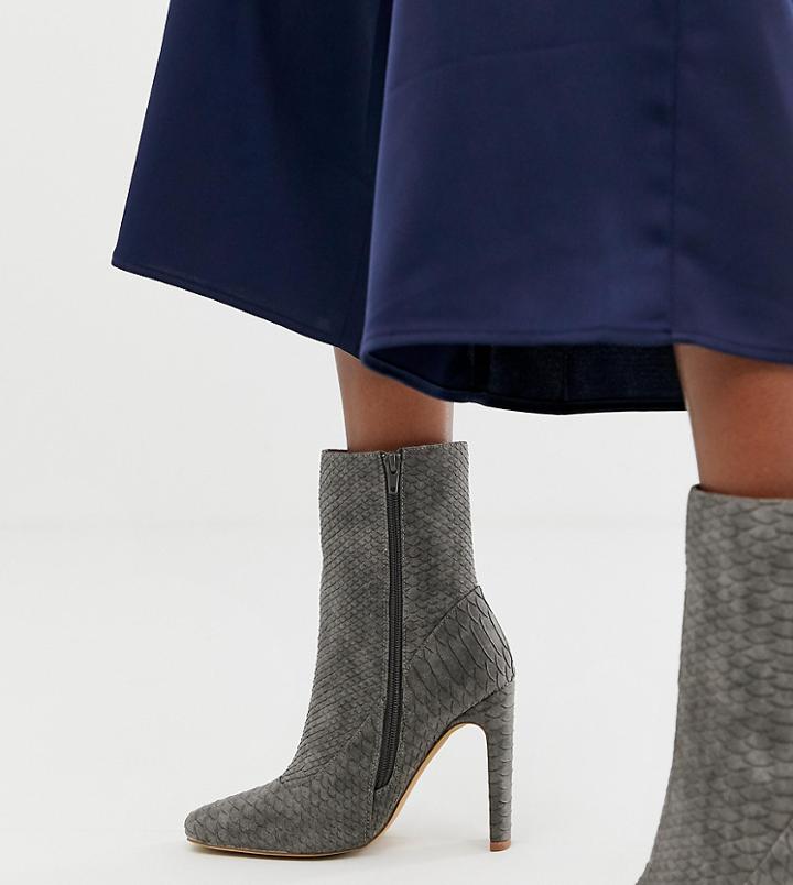 Missguided Square Toe High Heeled Ankle Boot In Gray Snake - Gold