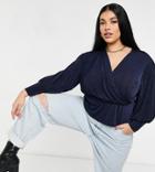 Closet London Plus Wrap Blouse Top With Volume Sleeve In Navy