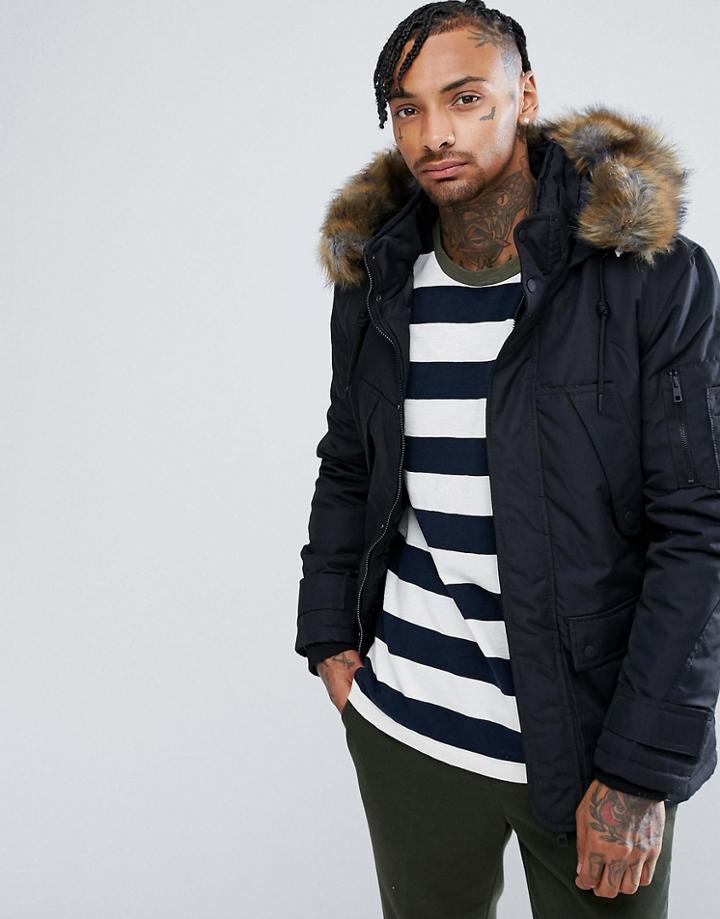Bershka Parka With Detachable Fur Hood In Black - Black
