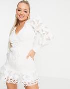Asos Design Lace Sleeve Plunge Lace Up Mini Dress In White-black