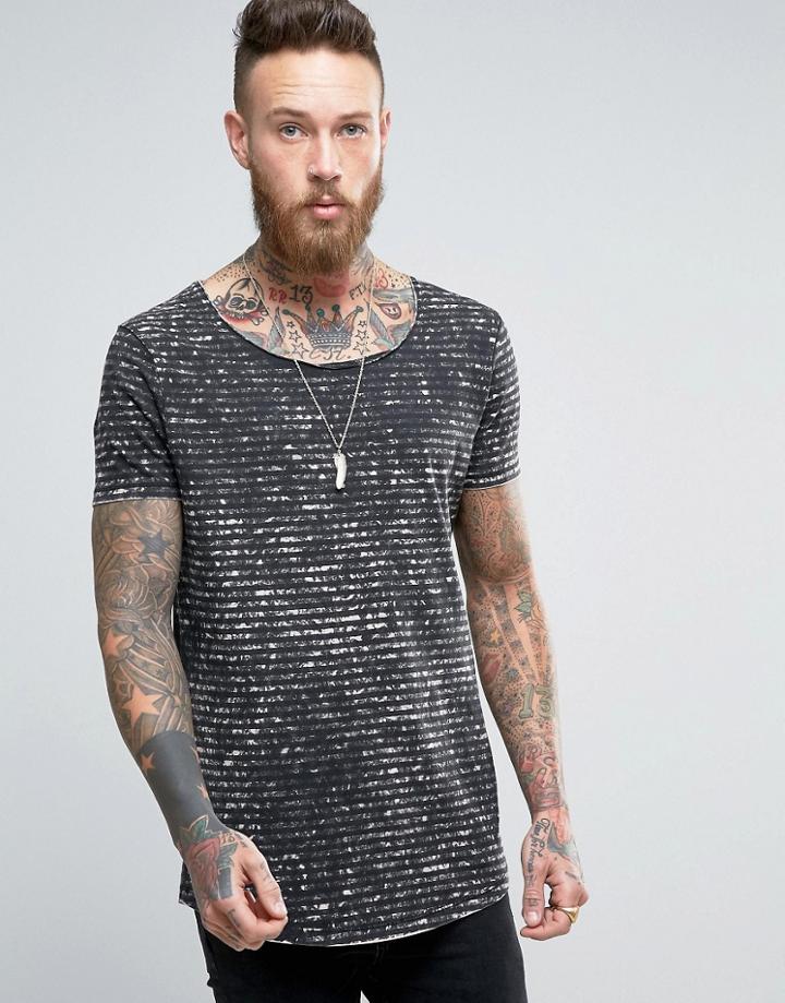 Asos Longline Stripe T-shirt With Curved Hem And Raw Scoop Neck - Blac