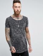Asos Longline Stripe T-shirt With Curved Hem And Raw Scoop Neck - Blac