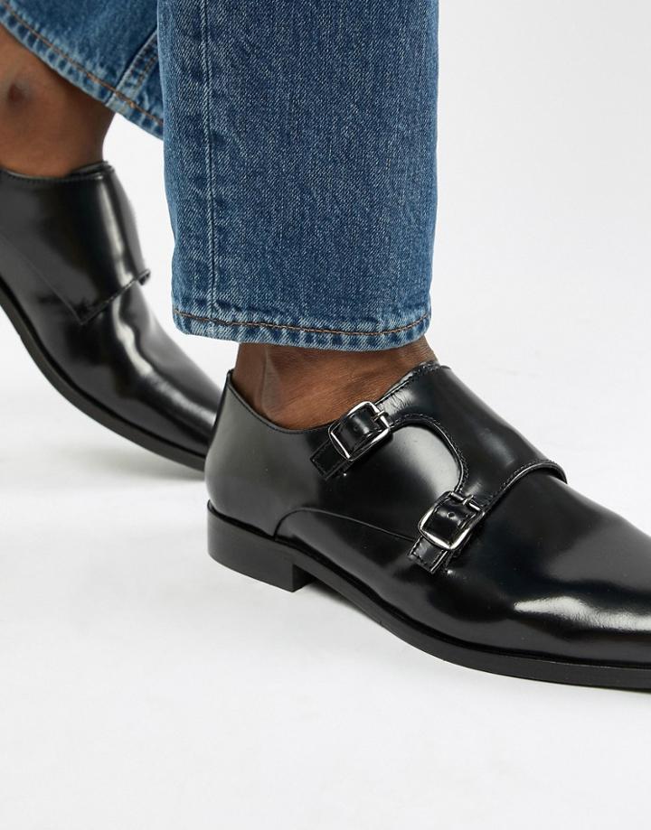 Dune Monk Shoes In Black Hi-shine Leather - Black