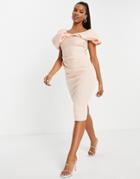 Asos Design Bubble Sleeve Fallen Shoulder Pencil Midi Dress In Pink-neutral