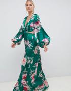 Asos Design Long Sleeve Floral Print Cut Out Wrap Maxi Dress - Multi
