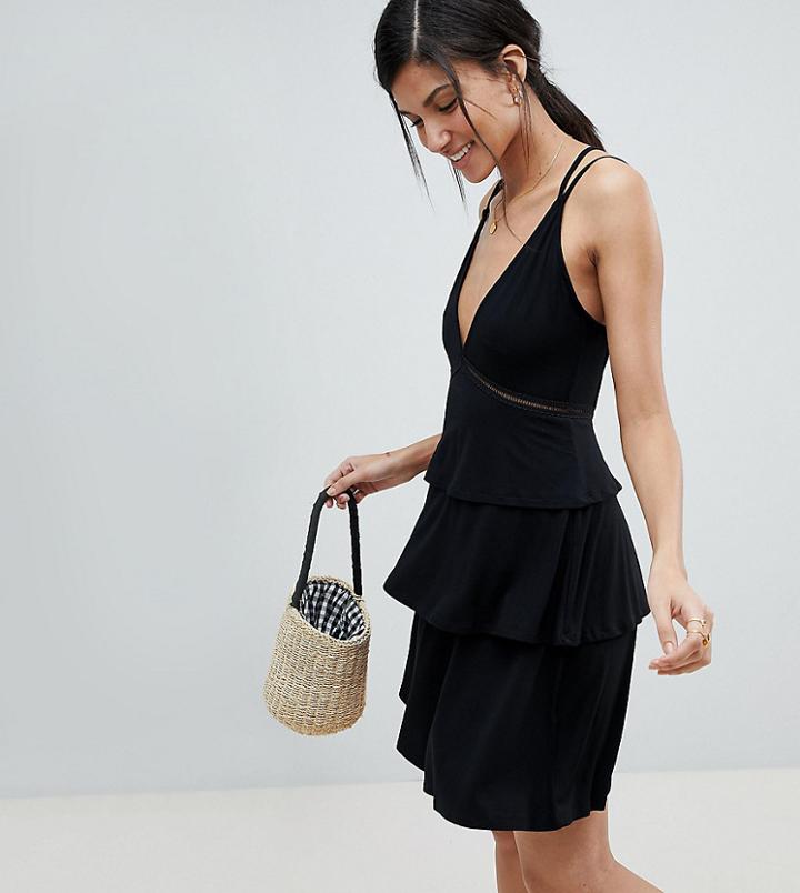 Asos Design Tall Strappy Mini Sundress With Tier And Ladder Trim - Black