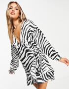 Asos Design Tie Front Beach Dress In Slinky Zebra Print-multi