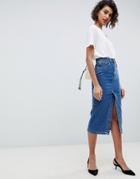 Asos Design Denim Midi Skirt With Split Front In Midwash Blue - Blue
