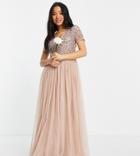 Maya Petite Bridesmaid Short Sleeve Maxi Tulle Dress With Tonal Delicate Sequins In Muted Blush-neutral