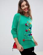 Brave Soul Tree Christmas Sweater With Pom Poms - Green