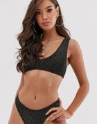 Asos Design V Front Crinkle Crop Bikini Top Black And Metallic Gold