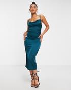 Parisian Satin Cami Strap Midi Dress With Cowl Neck In Teal-blue
