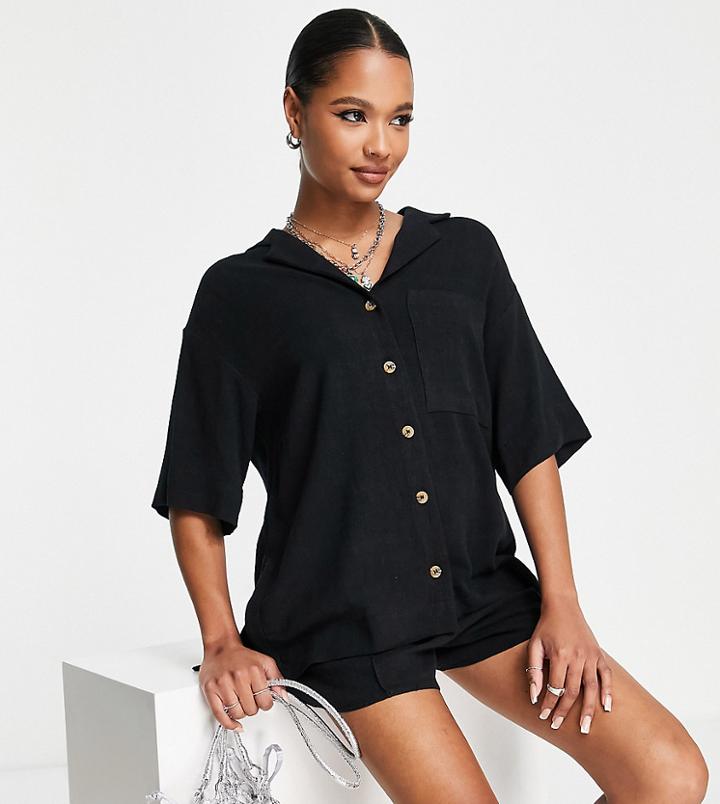 Topshop Petite Open Collar Linen Shirt In Black - Part Of A Set