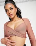 Band Of Stars Bandage Twist Front Log Sleeve Crop Top In Tan-brown