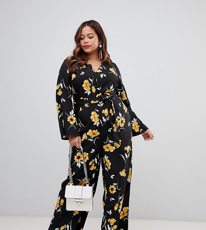 Influence Plus Flared Sleeve Button Detail Wide Leg Jumpsuit In Floral Print - Black