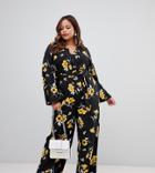 Influence Plus Flared Sleeve Button Detail Wide Leg Jumpsuit In Floral Print - Black