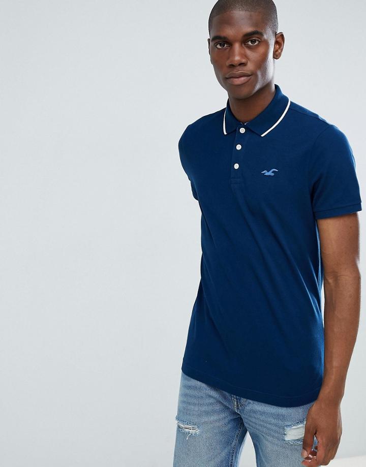 Hollister Tipped Pique Polo Seagull Logo Slim Fit In Navy - Navy