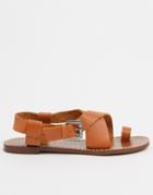 Pull & Bear Flat Leather Sandal In Tan-brown