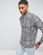 Casual Friday Grandad Collar Shirt In Palm Print - White