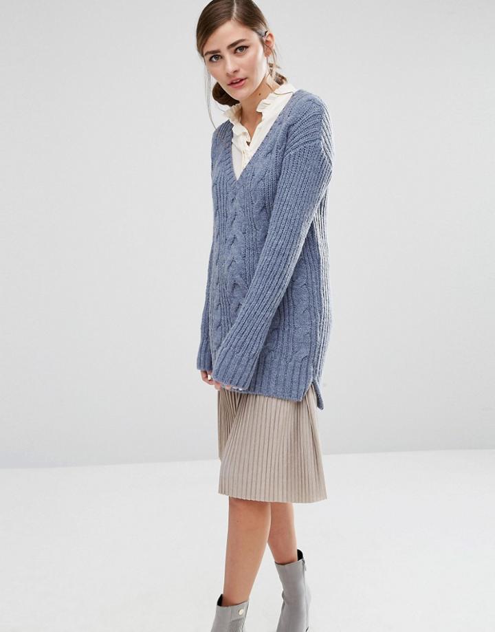 Fashion Union V Neck Knitted Jumper - Blue