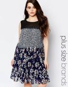 Lovedrobe Plus Floral Swing Dress With Crochet And Mesh Neck Detail - Print
