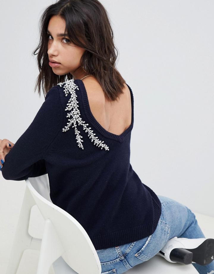 Ba & Sh Embellished Sweater With Deep V Back - Navy
